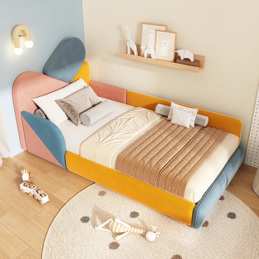 Letto con Sponda 90x200 cm; Letto Singolo - Imbottito; Sponde Alte - Blu Multicolore