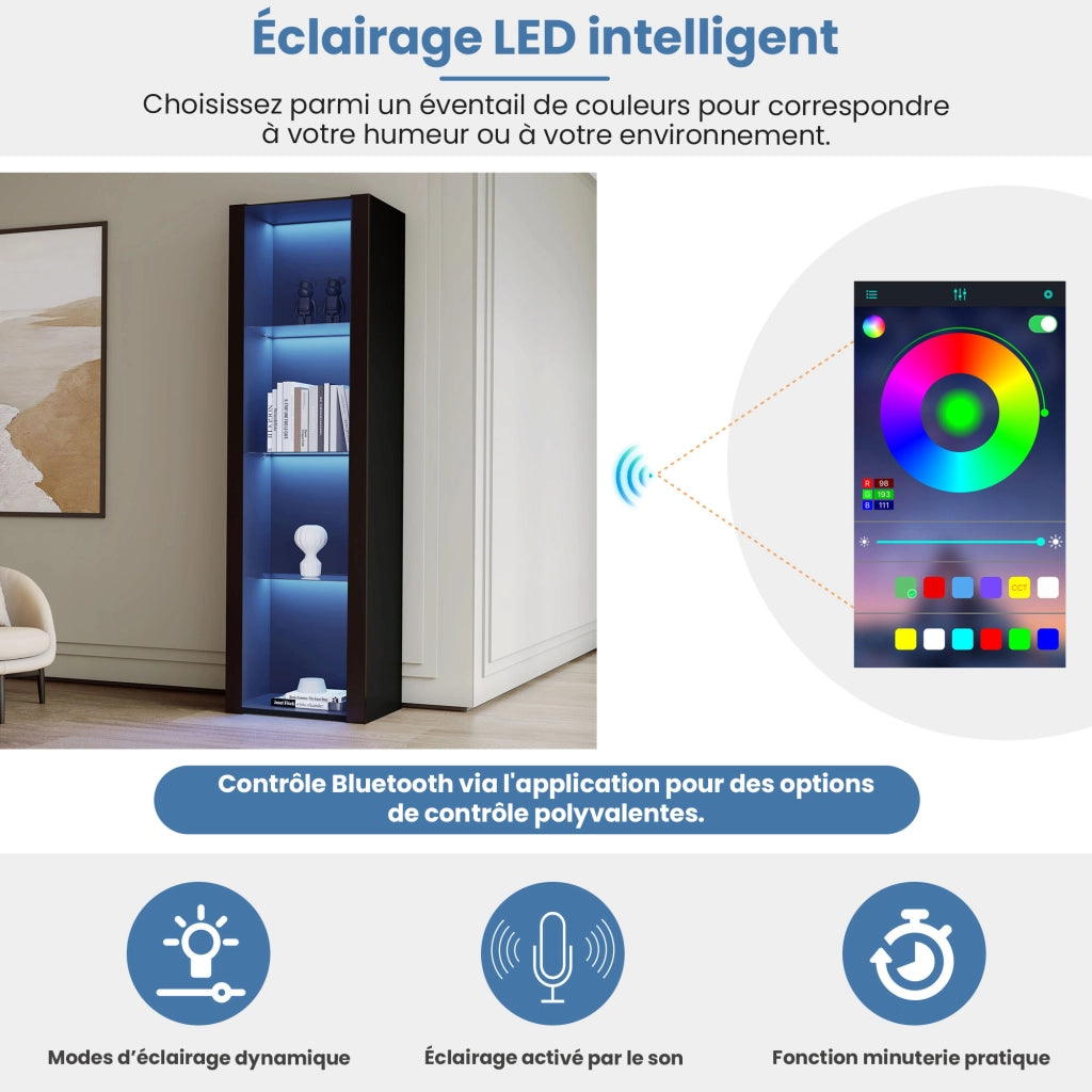 Vetrina con LED e 3 ripiani in vetro, pannelli frontali lucidi, per soggiorno, in truciolato, nero, 55 × 38 × 166 cm