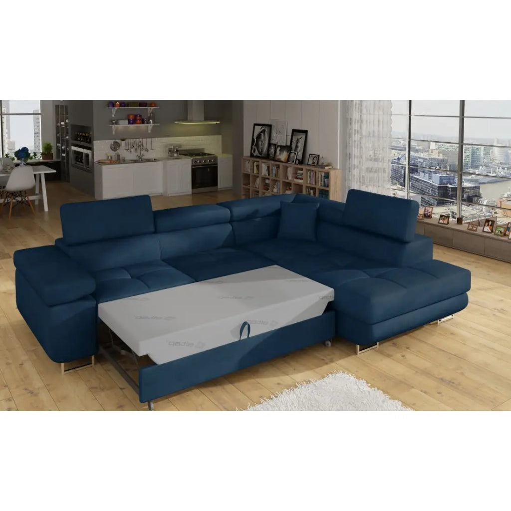 Divano angolare trasformabile MENTON blu scuro bouclé – Angolo destro con baule