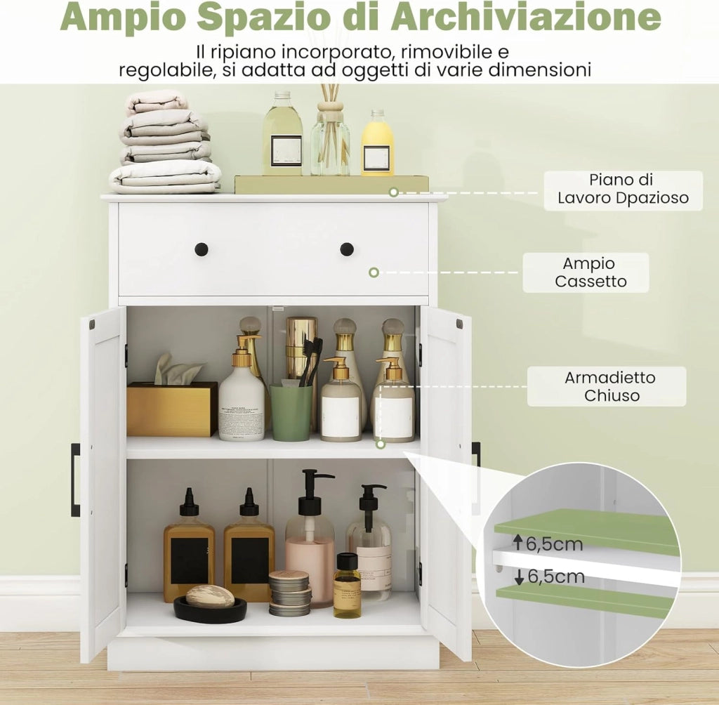 Armadietto da Terra 56 x 30 x 80 cm, Mobile da Bagno con Ante, Cassetto e Ripiano Regolabile, Mobiletto Salvaspazio per Soggiorno, Cucina e Sala da Pranzo (Bianco)
