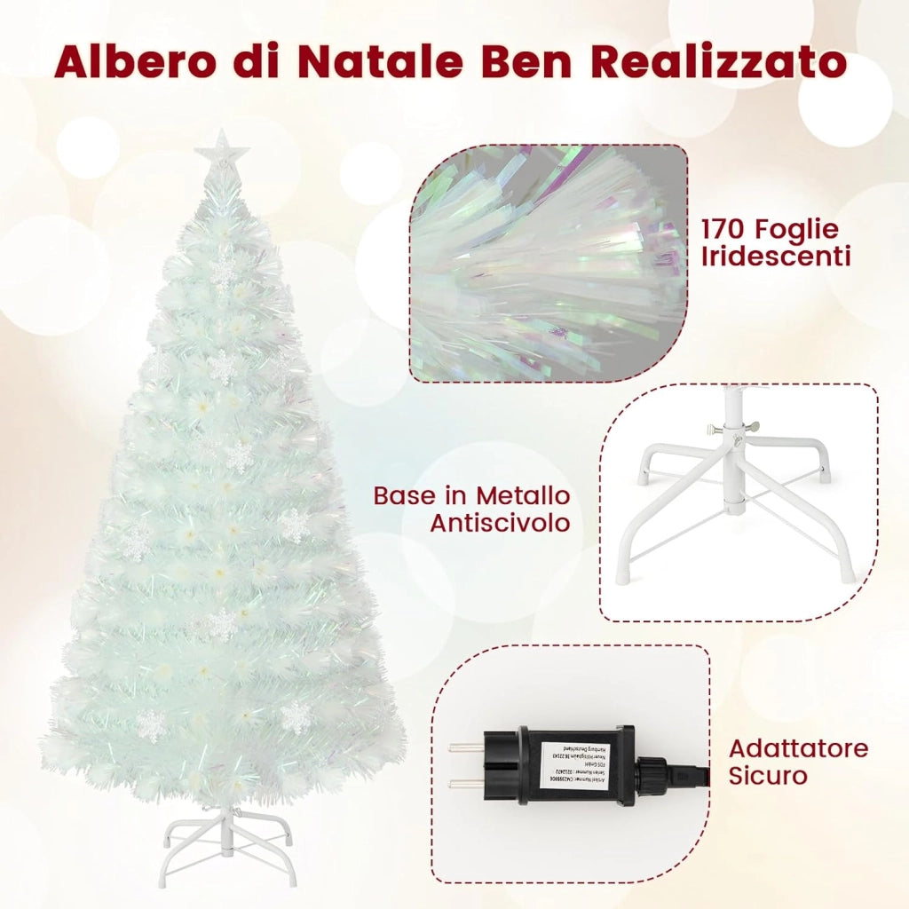 Albero di Natale Pre-illuminato in Fibra Ottica 120/150/180/210 cm, Albero di Natale Bianco con Foglie Iridescenti, Luci a LED a Fiocco di Neve Multicolore, Luce Superiore a Stella (150 CM)