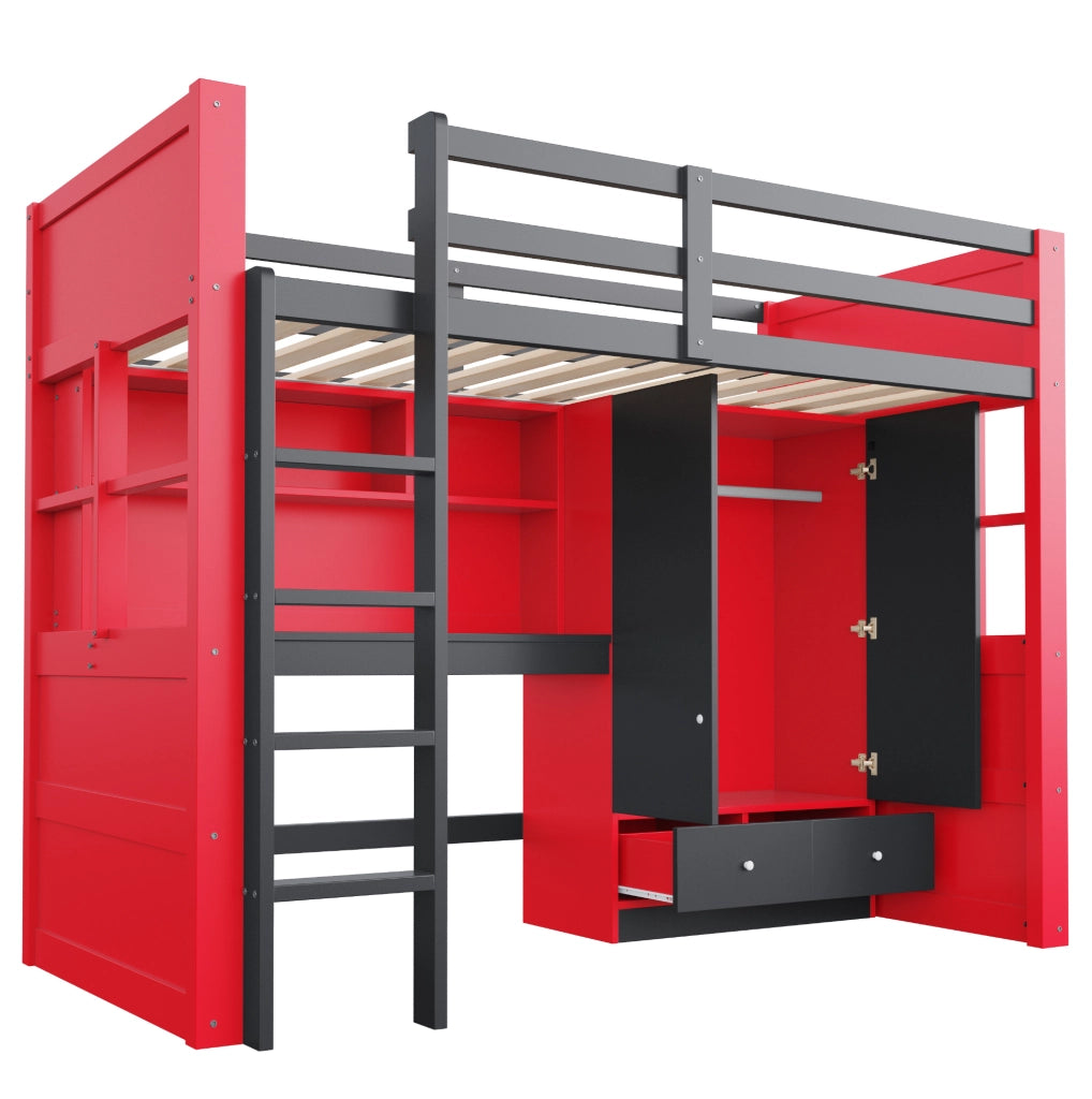 Letto a soppalco 90x200 cm in stile e-sport; con LED; prese; scrivania e armadio; nero e rosso