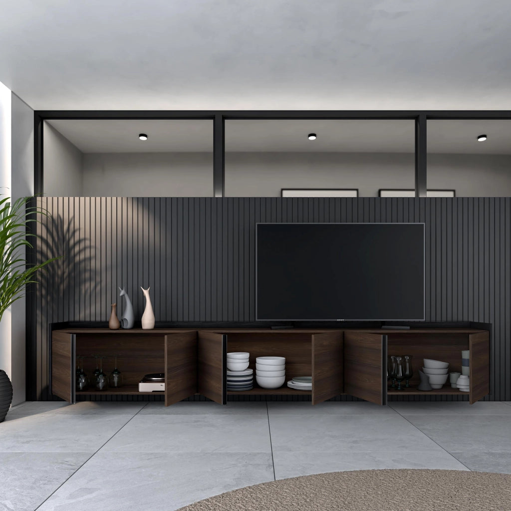 Mobile TV Soggiorno, 309x50x35 cm, Per TV fino a 80", Sospeso, da appendere, Rovere scuro e Nero
