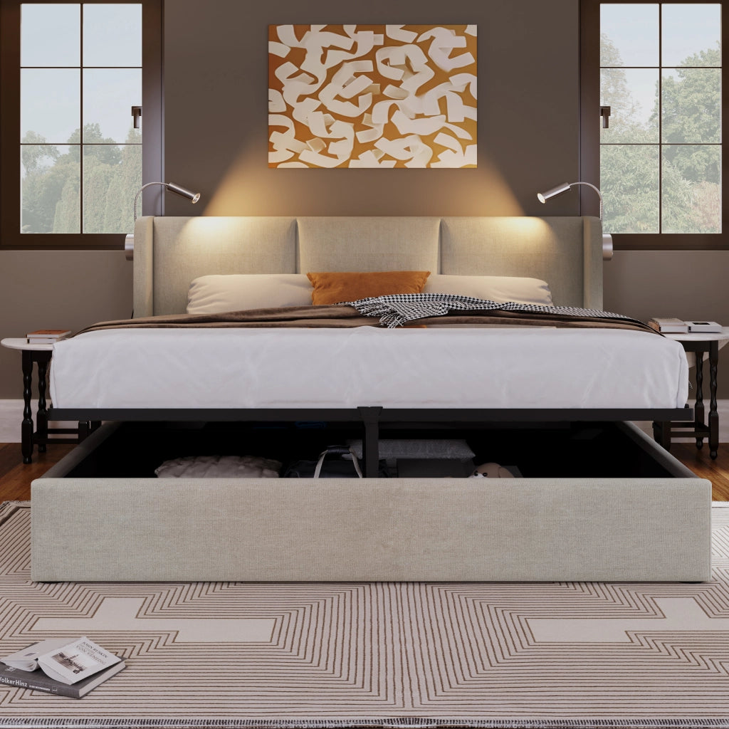 Letto matrimoniale 160x200 in beige con contenitore, testiera con luce da lettura e porta USB, struttura in metallo e legno