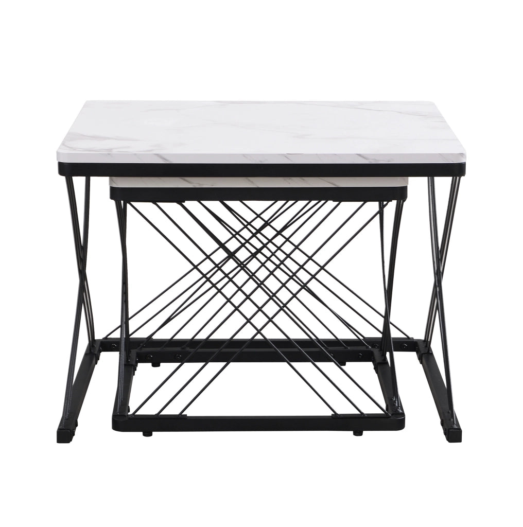 Set 2 tavolini da salotto quadrati con effetto marmo lucido; piedi regolabili; MDF; bianco e nero