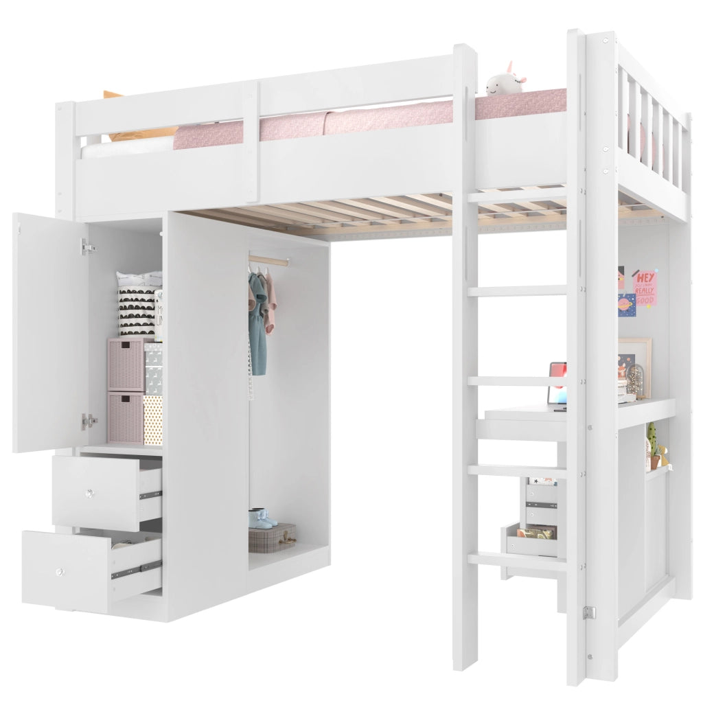 Letto a soppalco 90x200 cm in legno massello e MDF; bianco; con scrivania; LED e cassetti