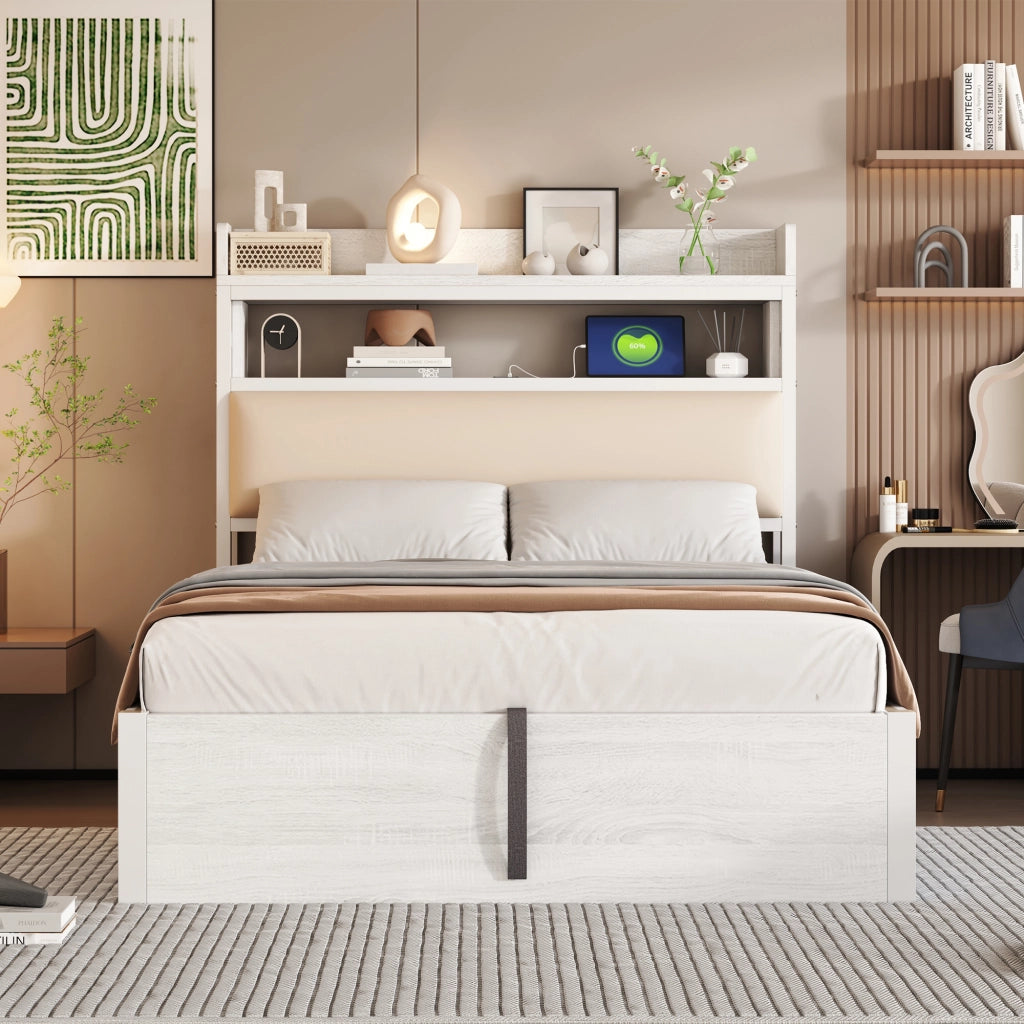 LETTO 90x200 cm con contenitore, USB, testiera imbottita, bianco