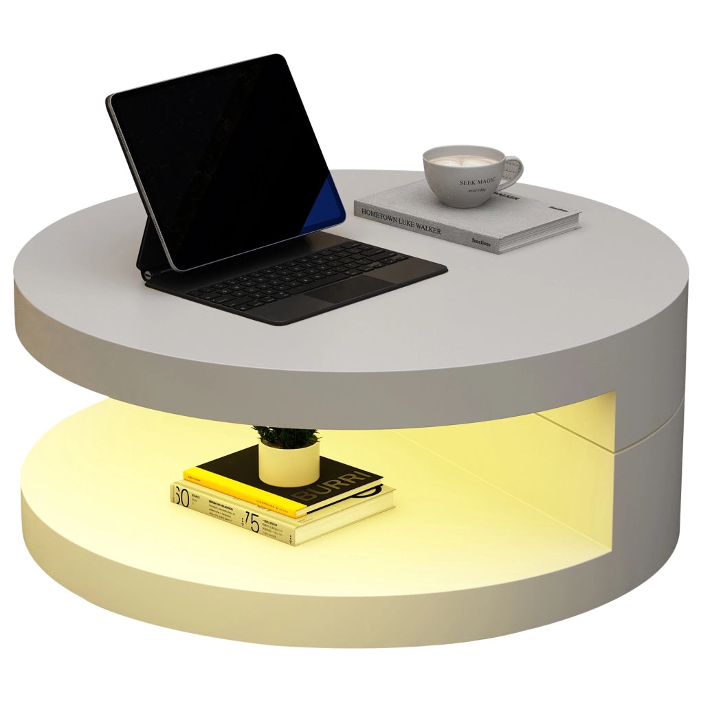 Tavolino rotondo girevole con LED, doppio piano e struttura in MDF