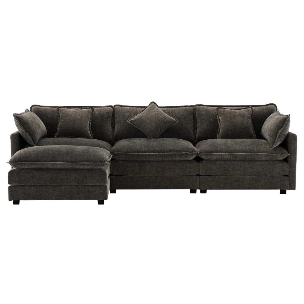 Divano 3 posti in ciniglia con pouf mobile e chaise longue a L componibile; grigio scuro