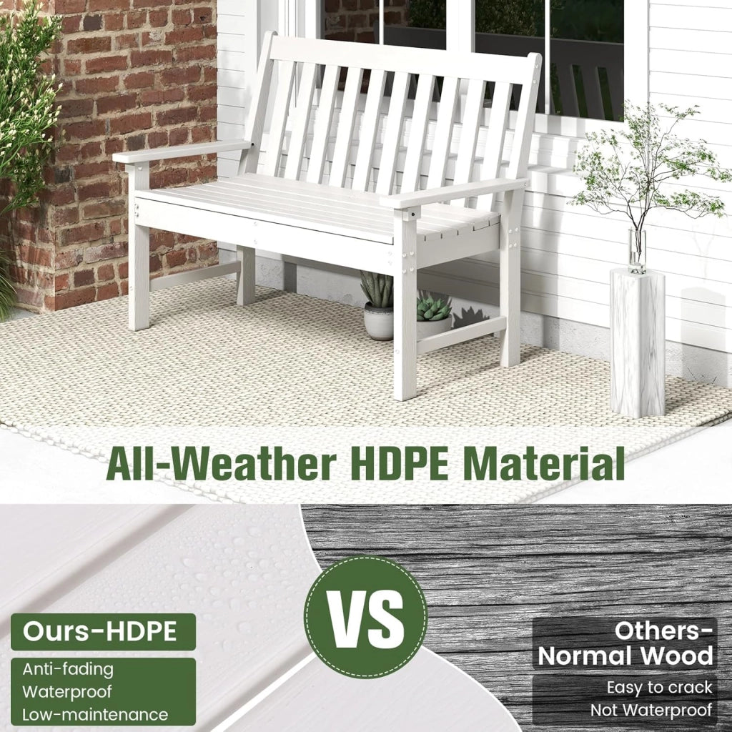 GIANTEX Panca da giardino per 2 persone, panca da parco in plastica con schienale alto, panca da esterno, resistente alle intemperie, per giardino, patio, terrazza, 132 x 65 x 91 cm (bianco)