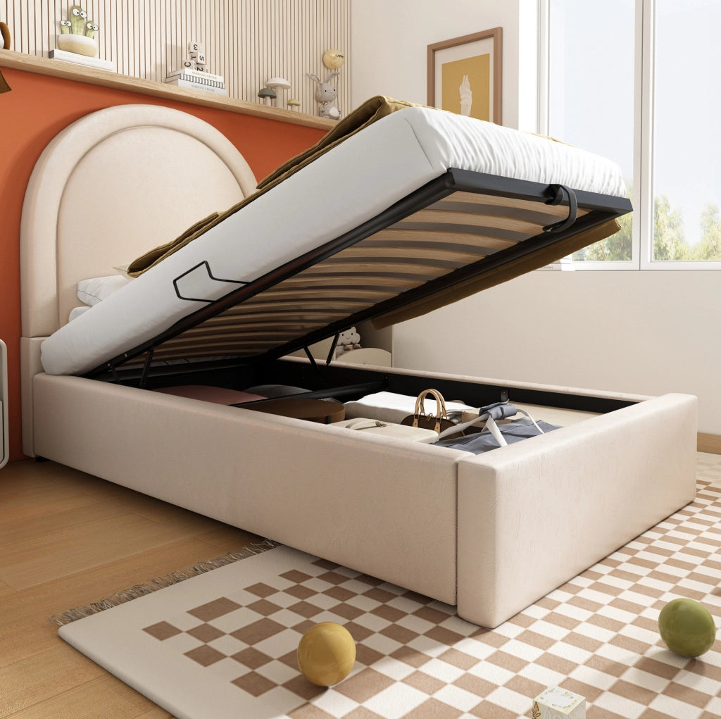 Letto imbottito per bambini 90x200 cm in PU beige con contenitore sollevabile