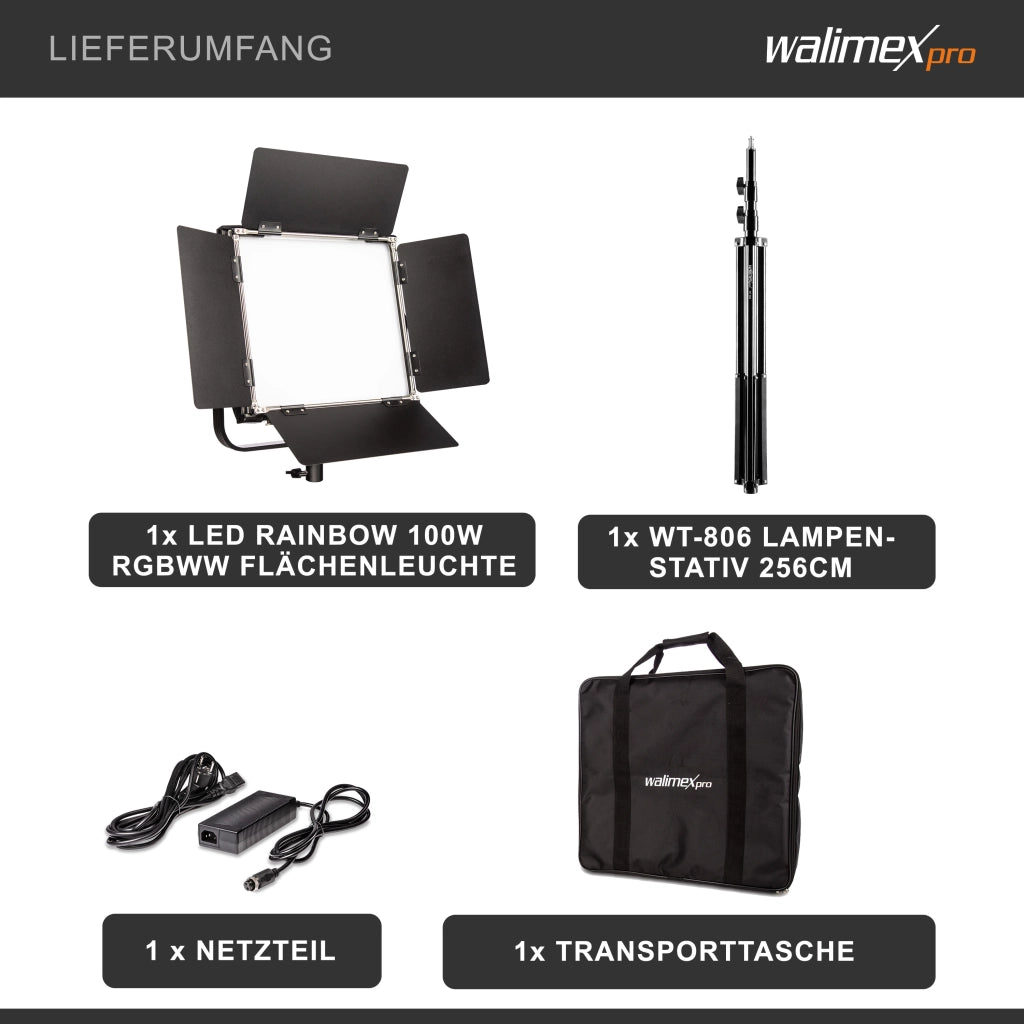 Rainbow Set Pannello LED fotografia 100W e cavalletto fotografico - Luce fotografica da studio con cambio colore RGBWW, illuminazione controllo tramite app, luce video bicolore