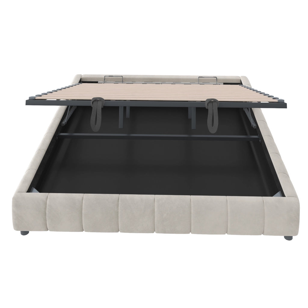 Letto Contenitore 180x200 cm; con LED e sollevamento idraulico; in Flanella Beige