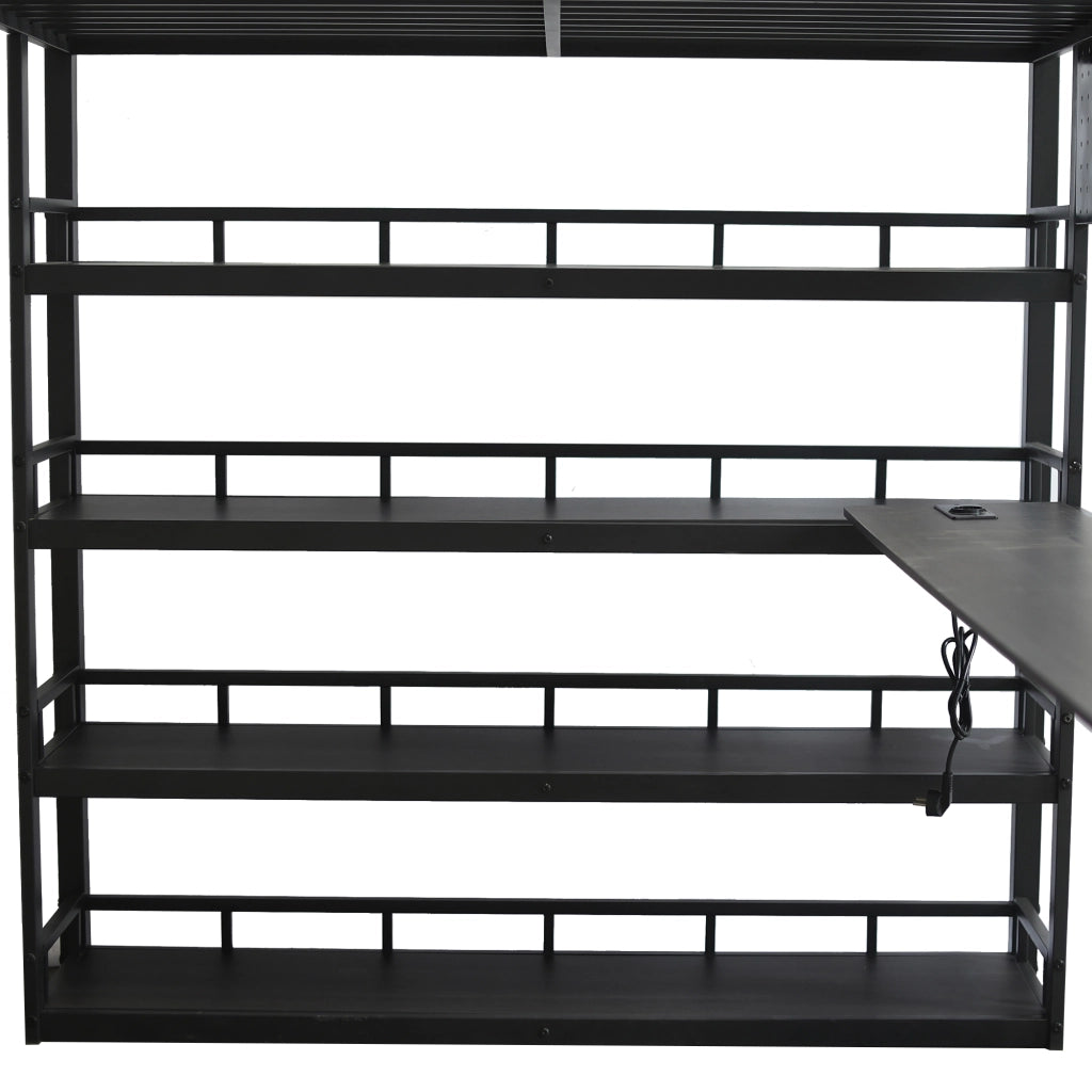 OKWISH Letto a soppalco 140×200 cm, Letto Matrimoniale con Mensole, Porta di Ricarica e Scala Inclinata, senza Materasso, Nero