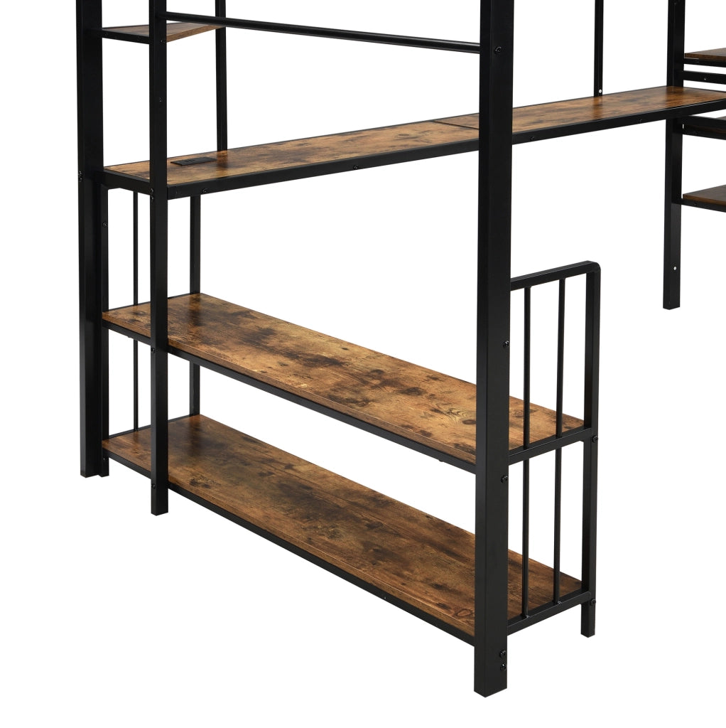 Letto a soppalco 120x200 cm con scala laterale; porta di ricarica e appendiabiti in metallo e MDF nero e noce scuro