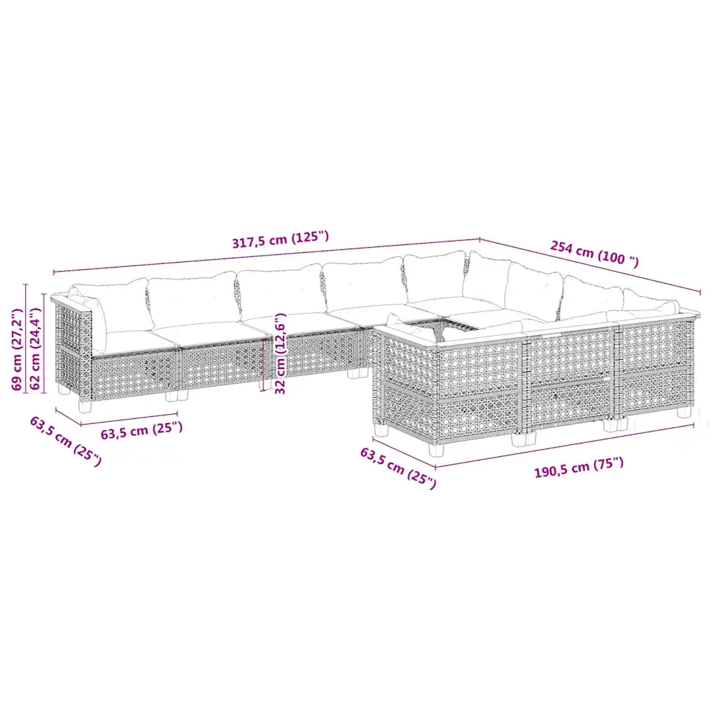 Set Divano da Giardino 10 pz con Cuscini Beige in Polyrattan 3262036