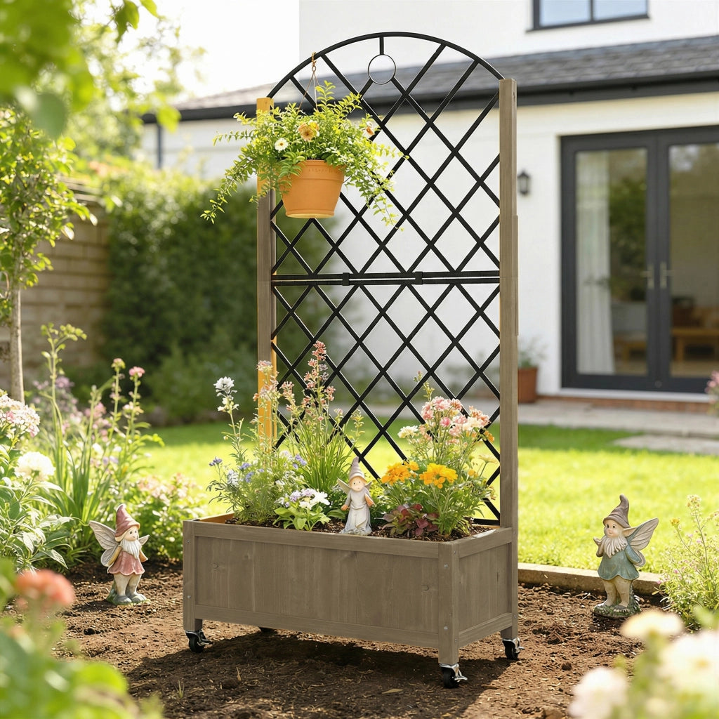 Jardiniere con griglia in acciaio, fioriera su ruote in legno ¨C zephmum ¨C 72x36x168 cm, Finitura Carbonizzata