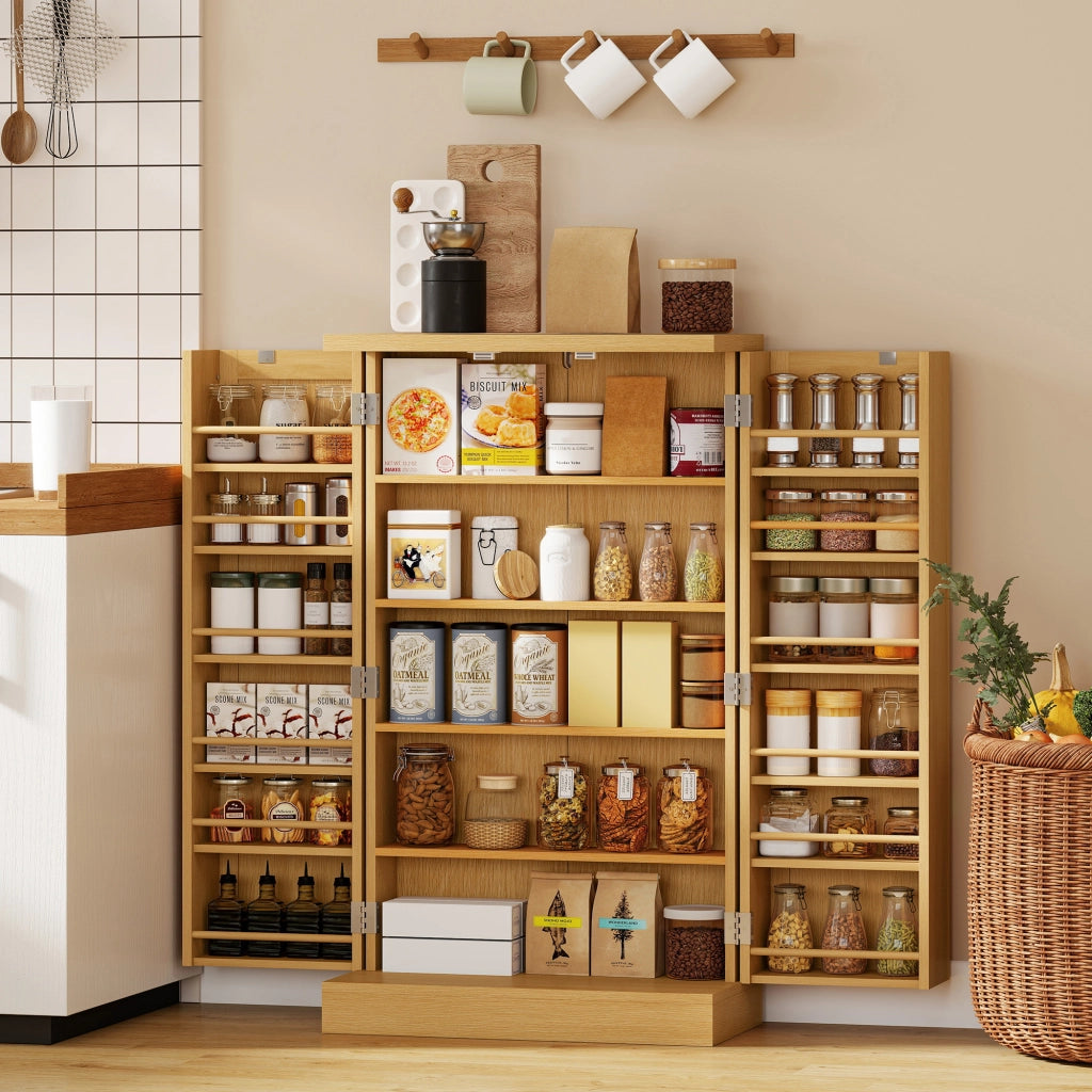Armadio da cucina in rattan con 5 ripiani, 12 vani spezie e ripiani regolabili - Minimal - Naturale 104 cm