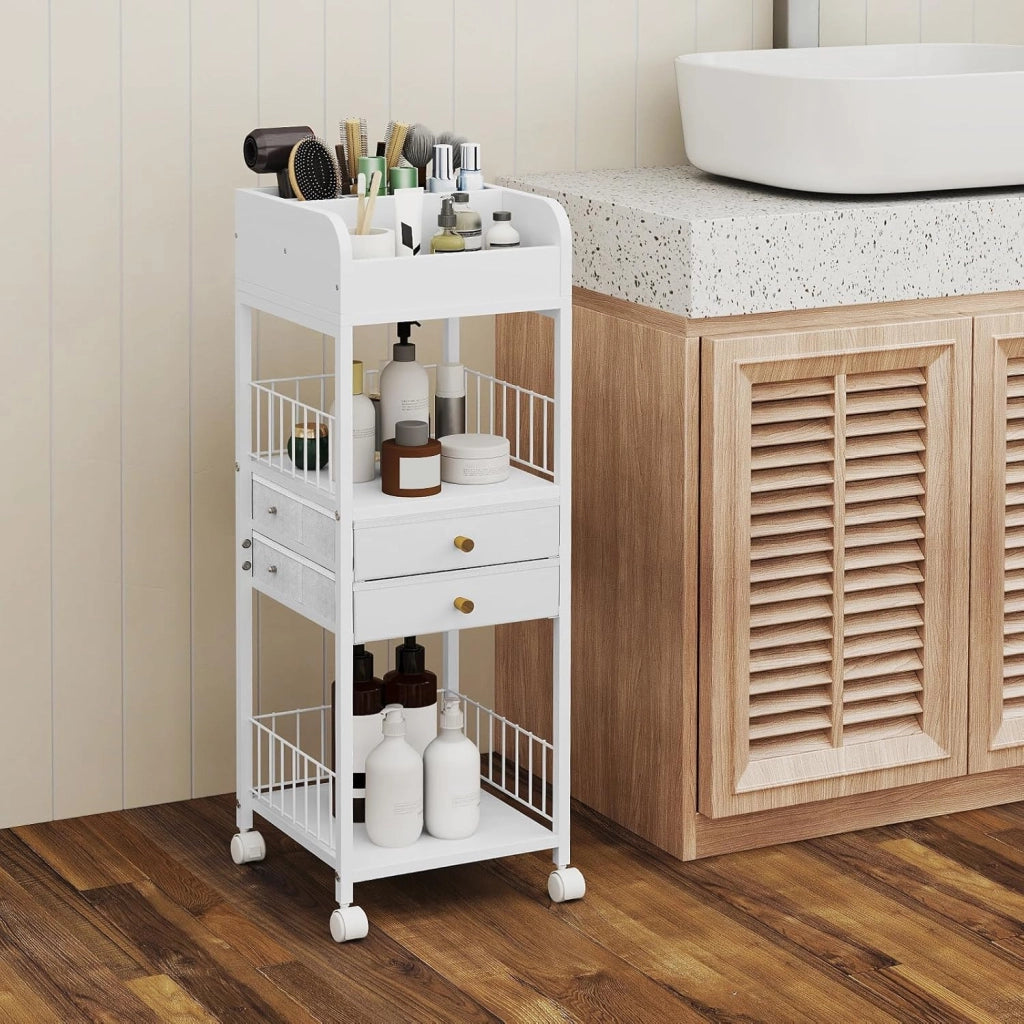 Carrello portaoggetti per cosmetici, organizer per trucchi, con 2 cassetti, 2 ripiani aperti e cubi, 4 ruote, 30 x 30 x 90 cm, carrello multifunzionale per bagno, camera da letto