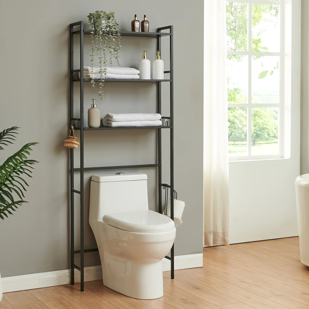 Scaffale Sopra WC Ljukhobro a 3 Ripiani Mensola da Bagno 164 x 64 x 20 cm - Nero [en.casa]