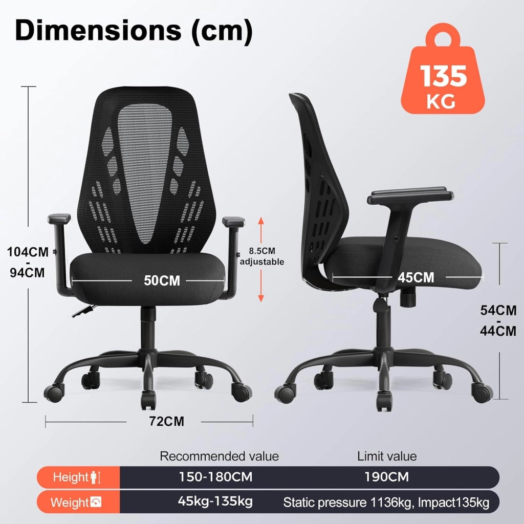Sedia da ufficio ergonomica con braccioli regolabili, in rete traspirante, schienale a forma di V, funzione basculante, seduta in schiuma ad alta densità, colore nero