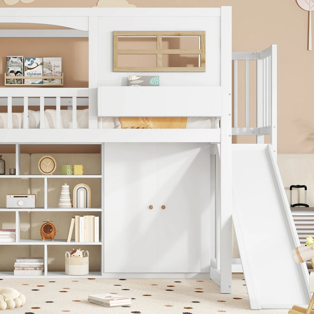 Letto a castello per bambini con scivolo, armadio e scaffali 90x200 cm