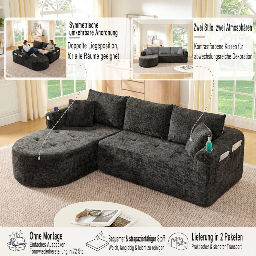 Divano angolare modulare L con portabicchieri in acciaio inox, tasche laterali e lino nero 255 × 170 × 67 cm