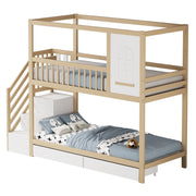 Letto a Castello per Bambini 90x200 cm; Letto 2 Posti - Casetta; Scaletta con Cassetti; Ganci - Legno Naturale