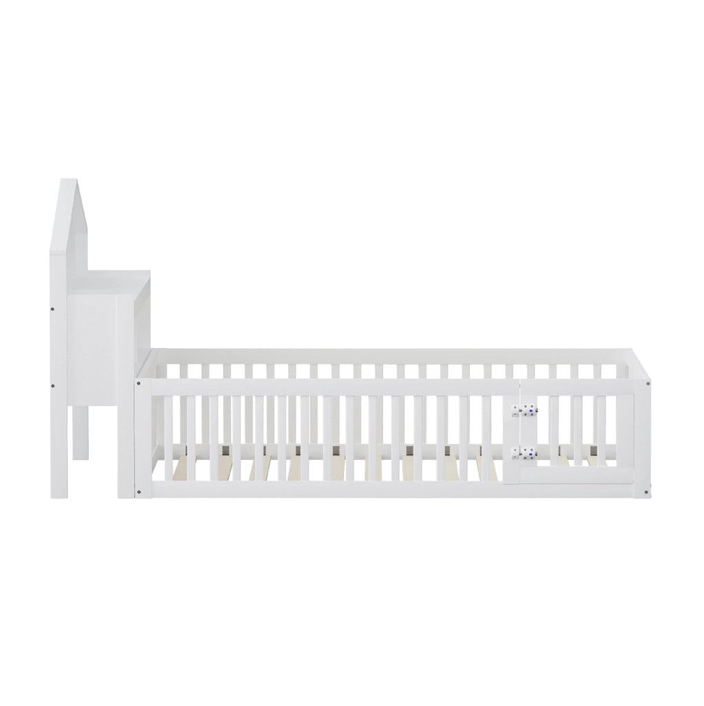 Letto per bambini 140x200 cm con sponde; porta e lavagna; bianco
