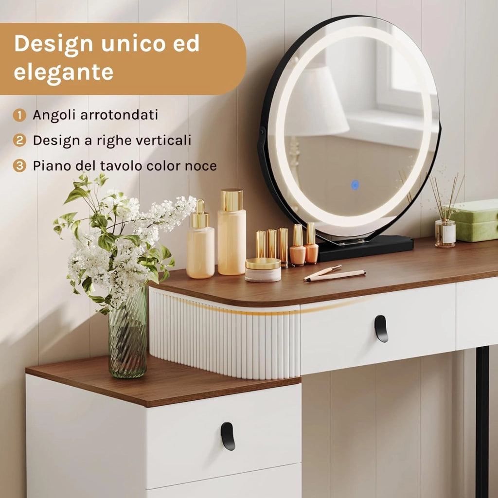 Postazione Trucco, Toeletta con Luci Dimmerabili, con Specchio Rimovibile, Consolle da Trucco per Donna, Cassettiera Spostabile