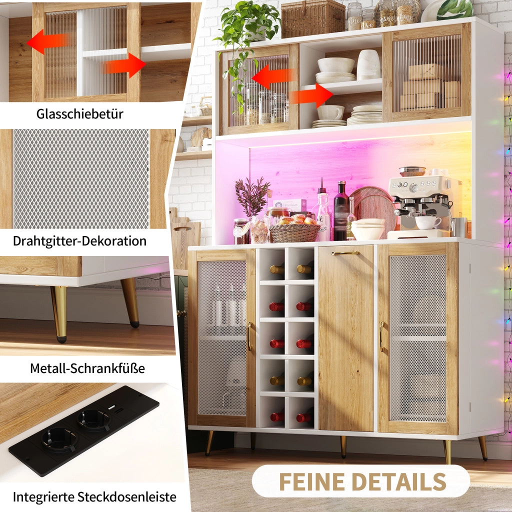 BUFFET 120x40x180 cm in MDF Bianco effetto legno con LED e presa integrata