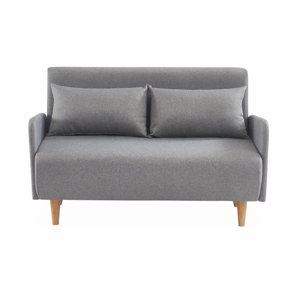 Divano letto clic-clac in tessuto con gambe in legno, 2 posti, grigio