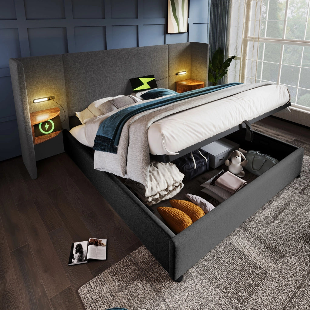 Letto matrimoniale contenitore 160x200 cm in lino grigio con testiera multifunzione; luce LED e USB