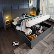 Letto matrimoniale contenitore 160x200 cm in lino grigio con testiera multifunzione; luce LED e USB