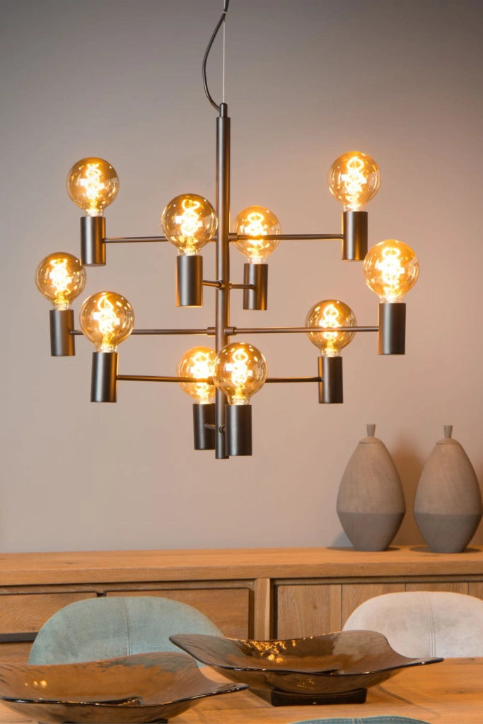 Lampadario Lucide Leanne nero in metallo 10xE27 dimmerabile