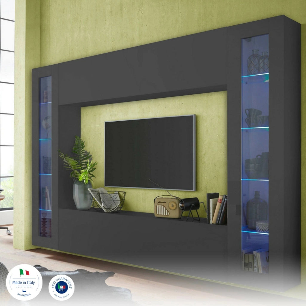 Mobile Soggiorno Bellizzi, Parete Attrezzata 11 Ripiani Made in Italy, 260x30x180h cm Nero Antracite