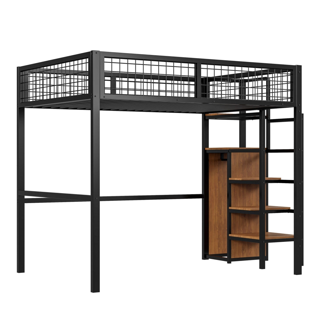 Hochbett 140x200 cm con scala e armadio integrato; struttura in metallo nero