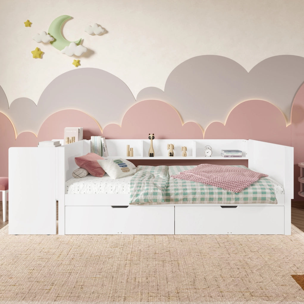 Letto 90x200 cm con scrivania; 2 cassetti e ripiani in legno bianco