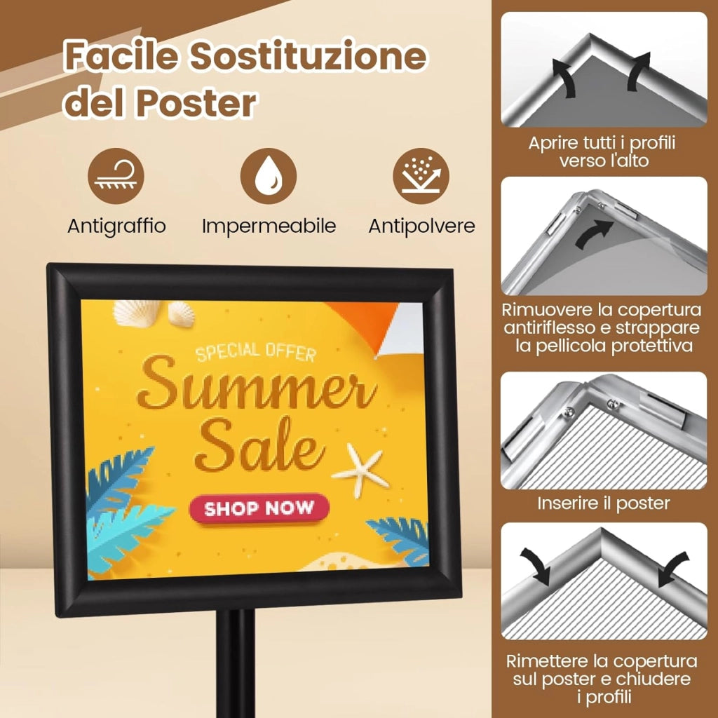 A3 Poster Stand Espositore da Pavimento Supporto Poster Menù per Pubblicità da Terra, Girevole a 360 Gradi, Regolabile in Altezza (A4 Nero x 2)