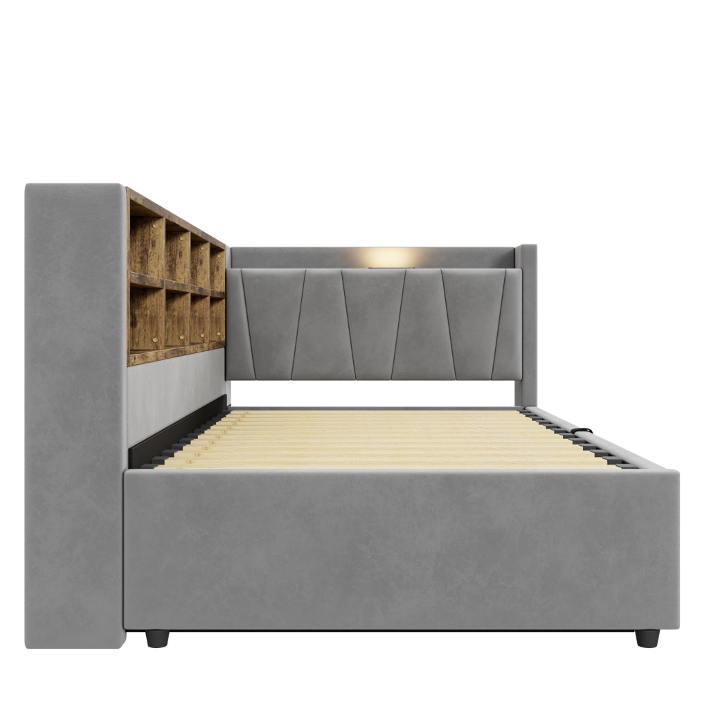 LETTO imbottito 90x200 cm in velluto grigio con testiera multifunzione