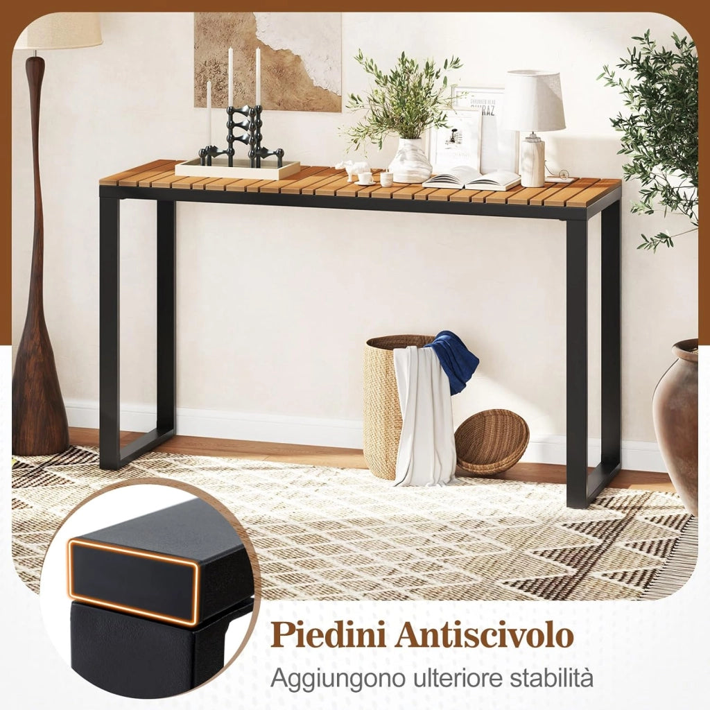 Tavolo Consolle da Esterno Stretto, 129x42x75 cm, Tavolo da Balcone in WPC Impermeabile con Struttura Metallica, Portata 60 kg per Terrazzo, Giardino e Ingresso, Portata 60 kg