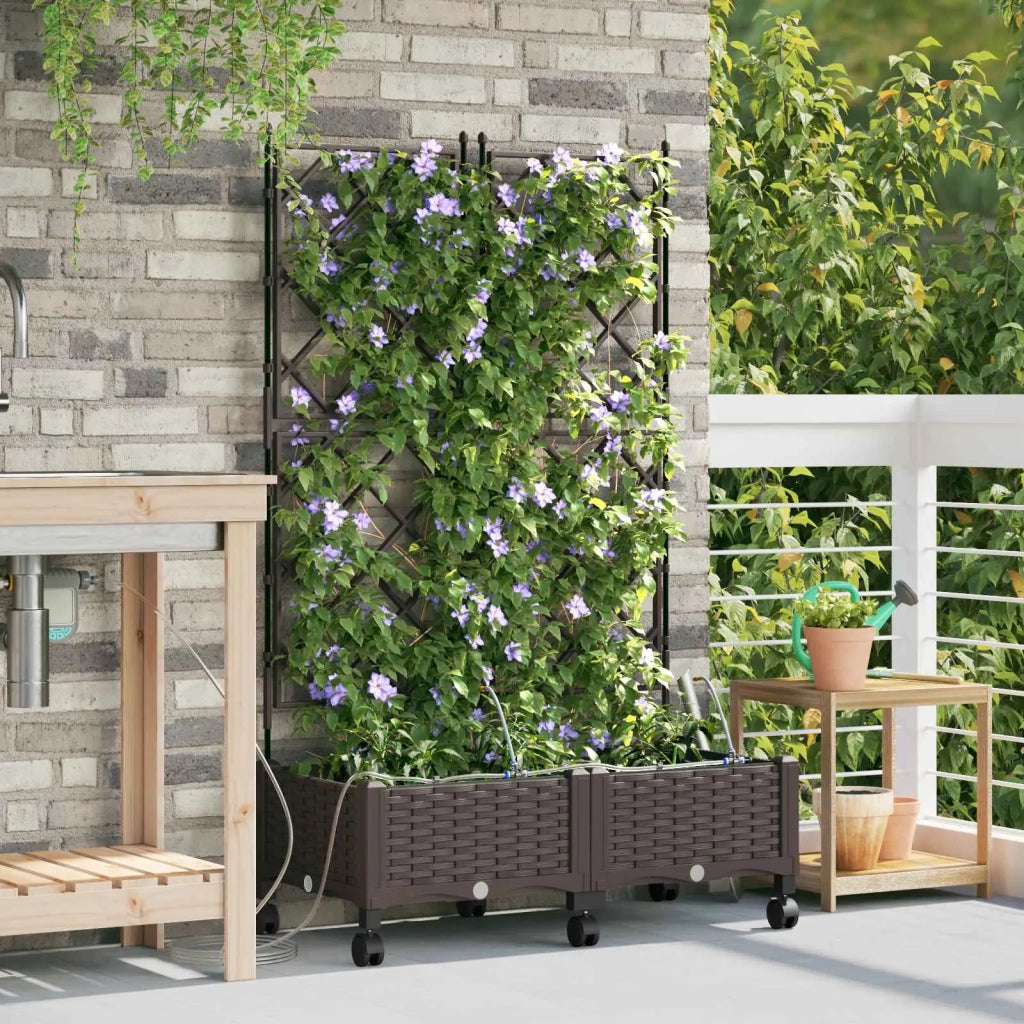 Vaso da Giardino con Irrigazione e Ruote 2 pz Marrone PP 3422999