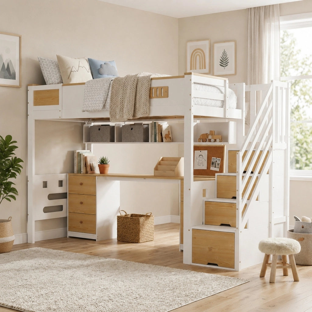 Letto a soppalco 90x200 cm con scrivania; cassetti e scala contenitore in legno e MDF bianco e colore naturale