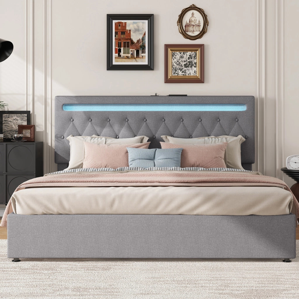 Letto 180x200 cm con sollevamento idraulico; LED controllabile tramite app e USB; grigio