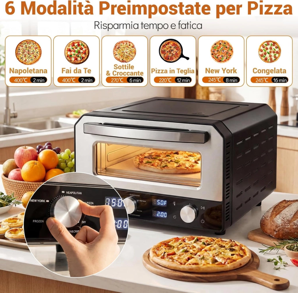 Forno Pizza Elettrico, 1700 W Macchina per Pizza Professionale con 6 Modalità Preimpostate Taglierina e Pietra Refrattaria, Raggiunge fino 400°C, 43x47x28 cm