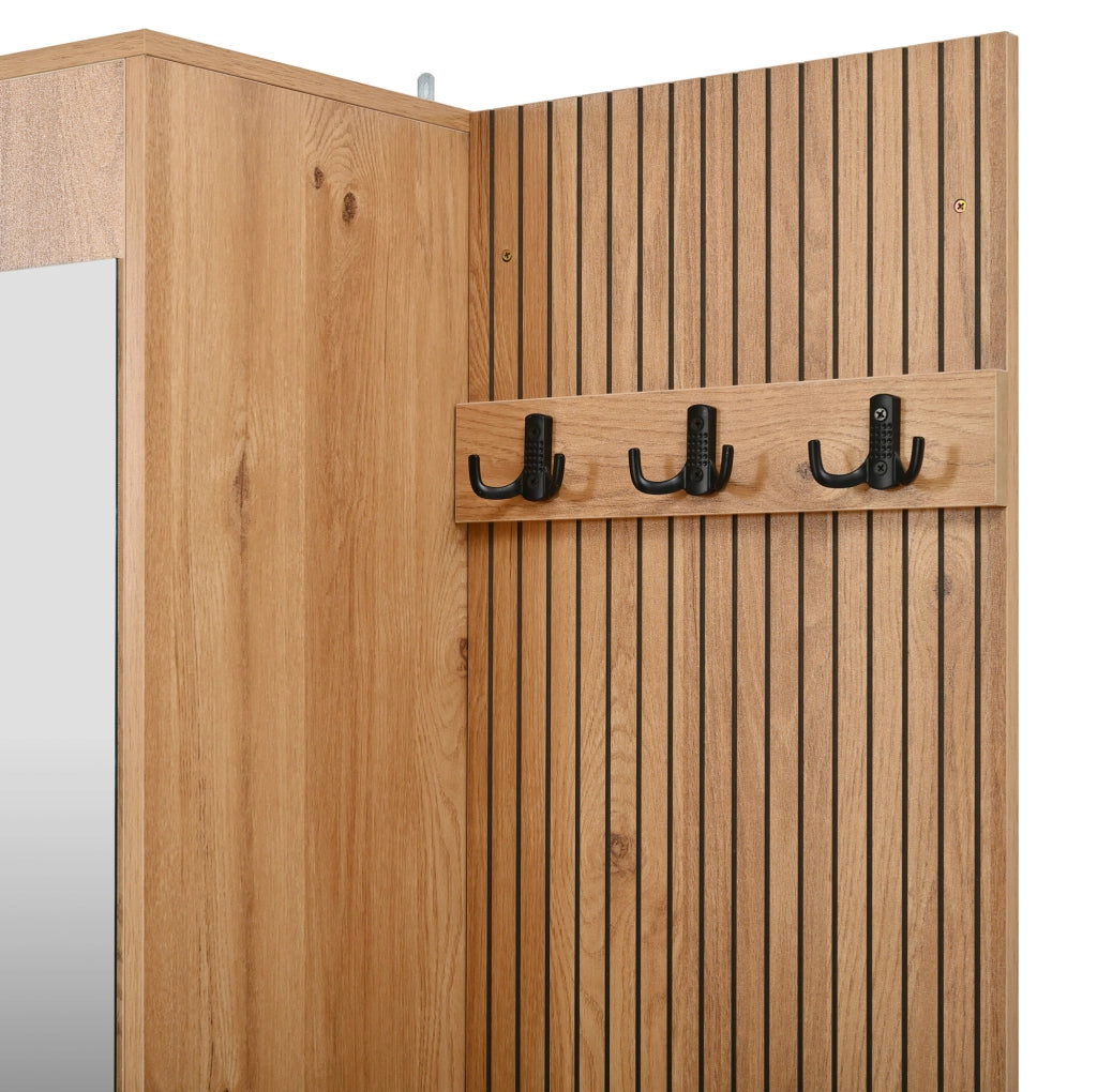 Garderoba da ingresso 120x32x178 cm con specchio; panca e illuminazione LED in MDF; nero e naturale