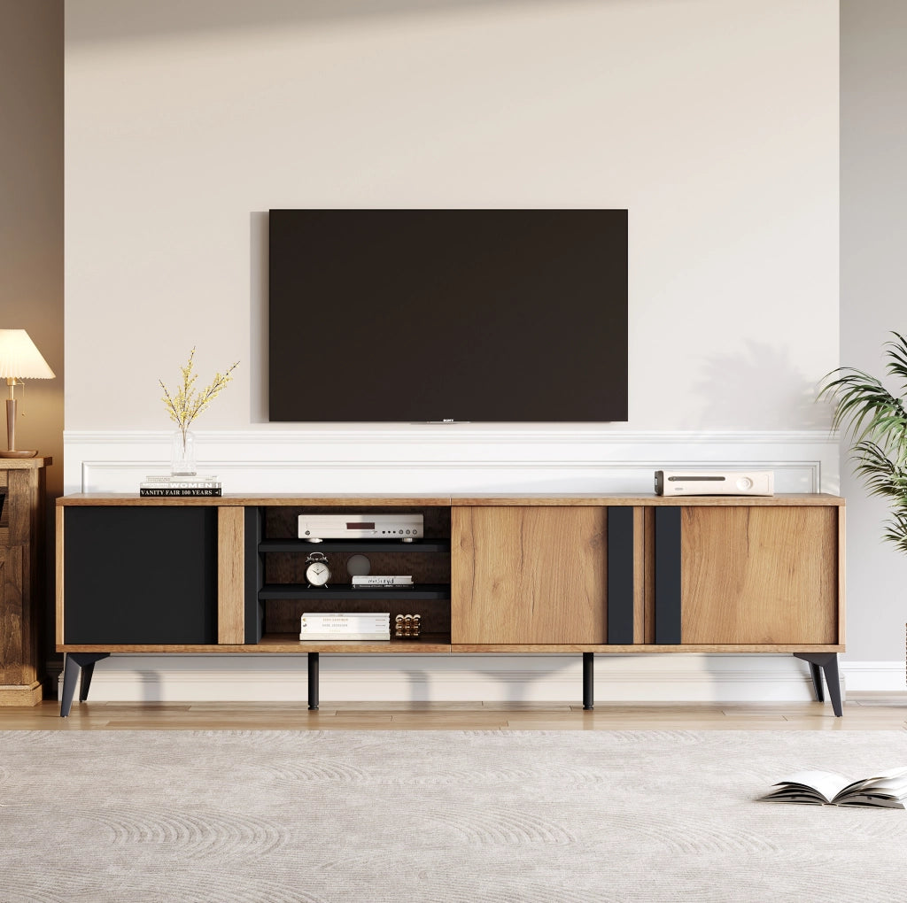 Mobile TV ULEVR 180x40x50 cm con 3 ante e 4 vani aperti, foro passacavi, marrone e nero