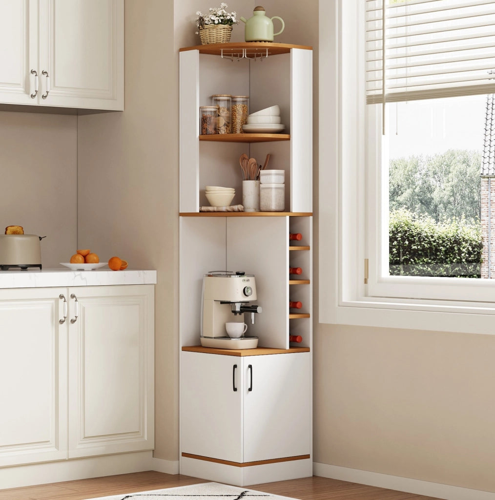 Mobile angolare portabottiglie con portacalici; 40×40×182 cm; MDF bianco