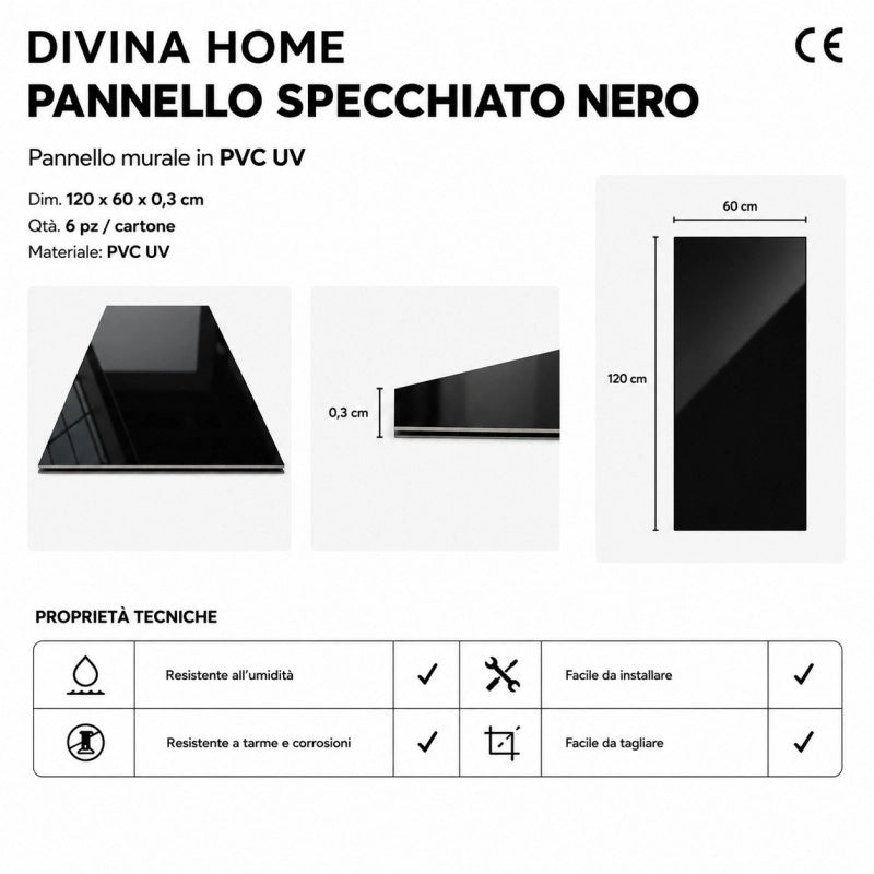 Pannelli decorativi parete effetto specchio nero fumé, rivestimento murale PVC UV lucido 120x60 set 6 pezzi - Divina Home