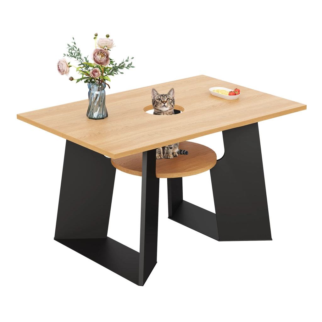 Tavolo da Pranzo per 6 Persone con Piano Centrale Apribile e Ripiano Inferiore; in MDF; Nero e Naturale 130×85×75 cm